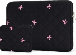15-16 Inch Laptop Sleeve, Bow Embroidered with Pouch, Black | Quilted Shockproof Padding, Scratch-Resistant Lining, Water Resistant Fabric, Accessory Pouch, Slim for Work, School & Travel