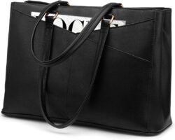 LOVEVOOK Laptop Tote Bag for Women 15.6 Inch Waterproof Leather Computer Bags Business Office Work Briefcase Black | Fits 15.6 Inch Laptop, Waterproof Front Pocket, Shoulder Strap, Large Purse for Business Office Work, Black